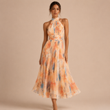 Catalina – Rochie Midi Floral Acuarelă cu Spate Descoperit