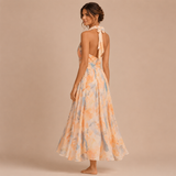 Catalina – Rochie Midi Floral Acuarelă cu Spate Descoperit