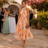 Catalina – Rochie Midi Floral Acuarelă cu Spate Descoperit